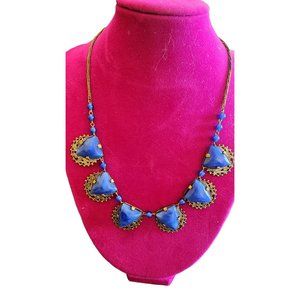 Antique Signed Czechoslovakia Lapis Glass & Brass Necklace (A2740)